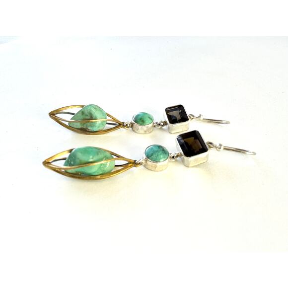 Natural Turquoise Smokey Quartz Dangle Earrings Sterling Silver Brass Cage - Picture 4 of 9